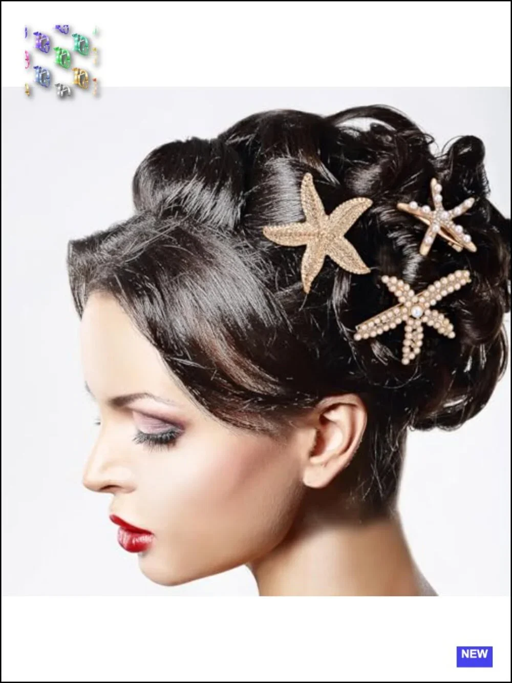 3 PCS Starfish Hair Clips, Gold Rhinestone Pearls, Faux Pearl Crystal Sea Star